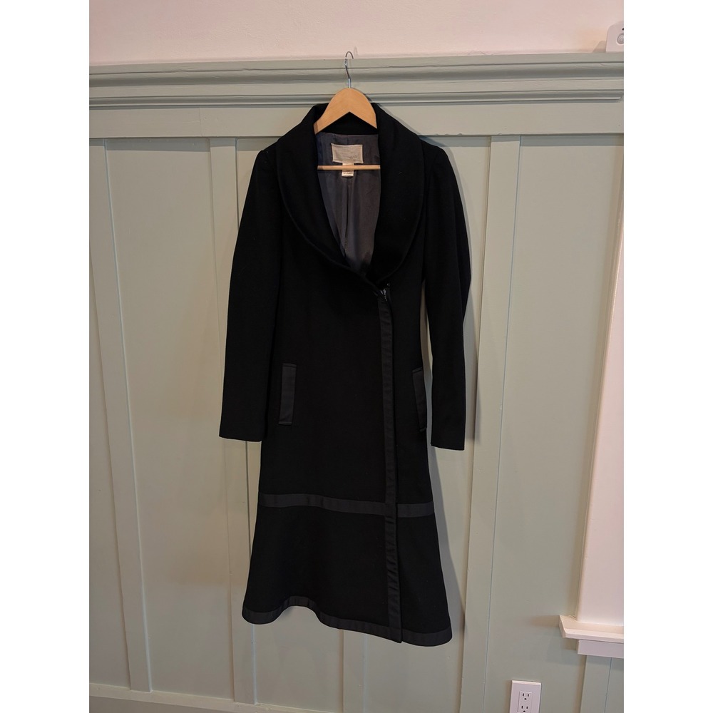 Ya-Ya‎ Black 100% Wool Long Coat Shawl Collar Asymmetrical Zip Womens Medium